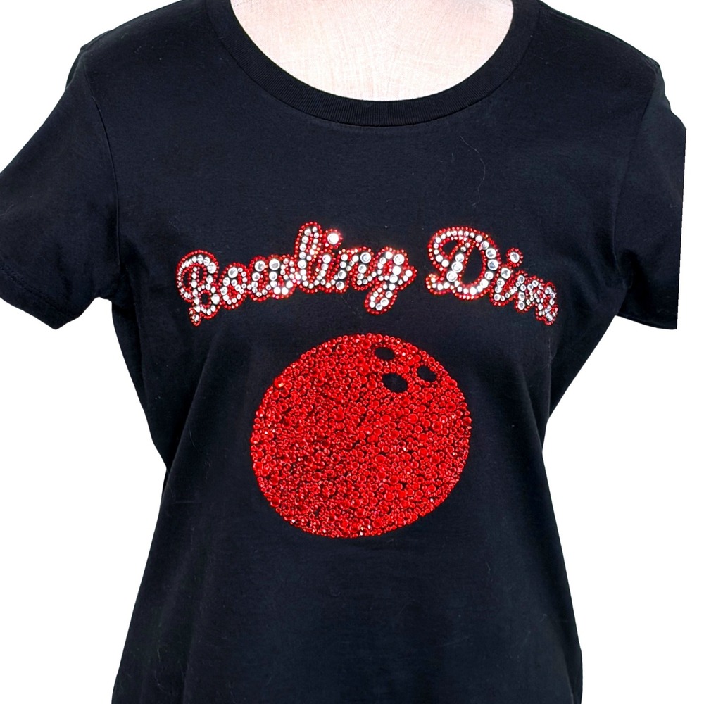 District Made Bowling Diva Black T Shirt Rhinestone Sparkle Women's Size S Glam